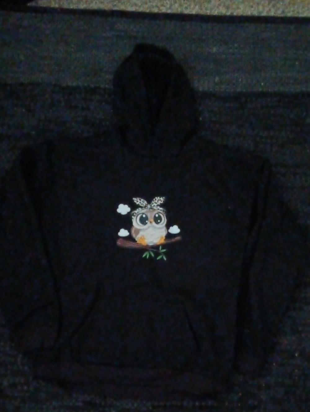 Women's Size Large Black Hoodie with Cute Owl Graphic
